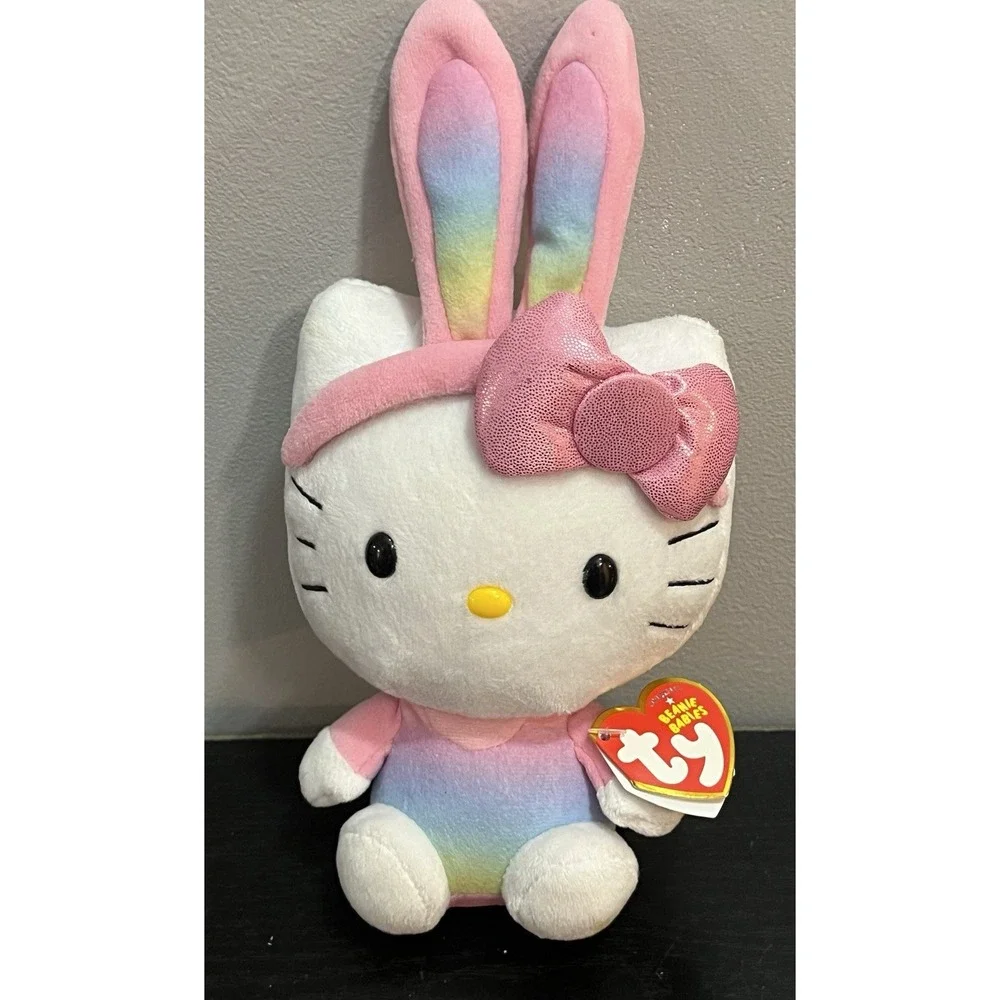 TY Sanrio Hello Kitty Beanie Baby Rainbow Bunny Ears Plush Stuffed Animal w/ Tag